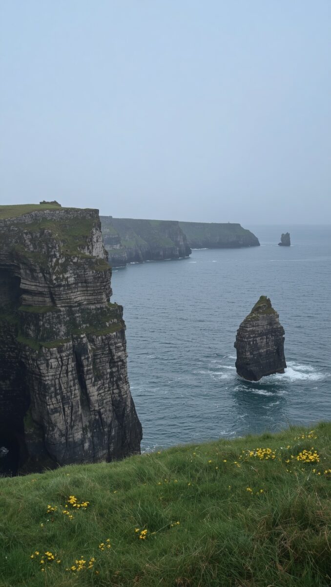 Dramatic limestone cliffs dropping into the Atlantic Ocean with a sea stack and green grass with yellow wildflowers in foreground