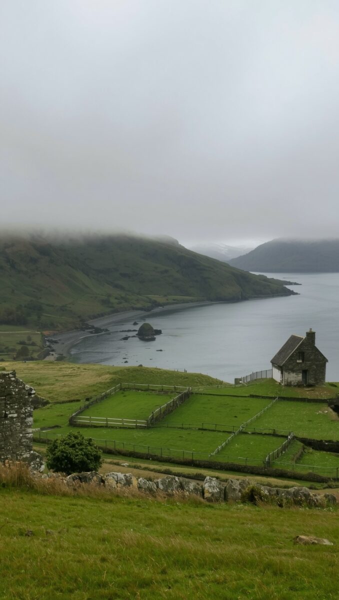 Misty coastal landscape with stone cottage, green fields, and curved bay surrounded by fog-covered hills