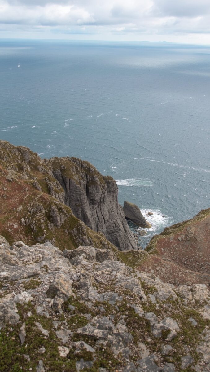 Dramatic vertical sea cliffs with layered rock formations dropping sharply into dark Atlantic waters below