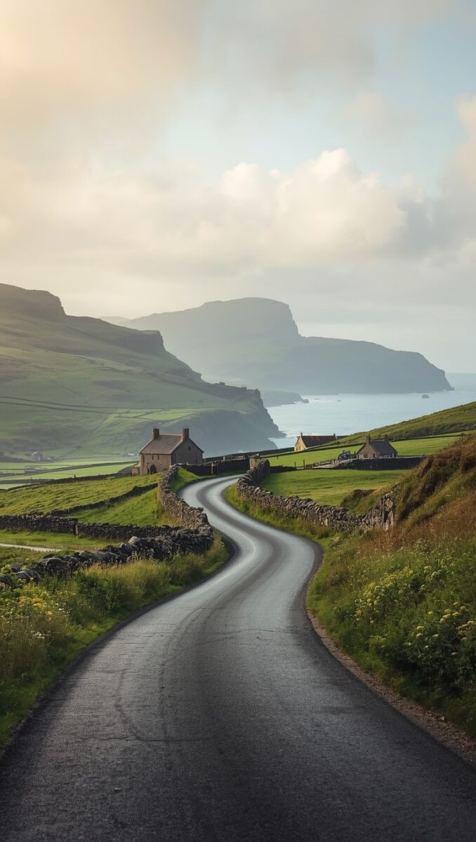 Winding narrow road flanked by stone walls leading to coastal cliffs and farmhouses under misty skies