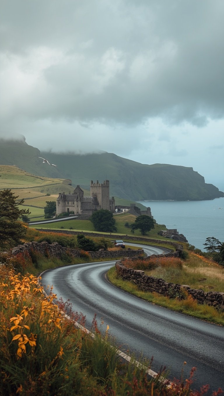 Winding wet coastal road leading to a medieval castle on green hillside with dramatic cloudy skies and sea cliffs in background