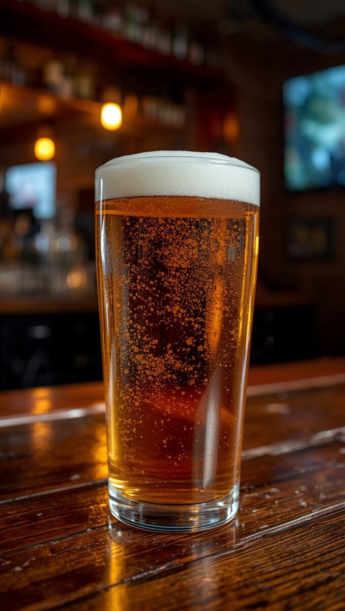 Pint glass of golden amber beer with frothy white head on a wooden bar counter in a pub