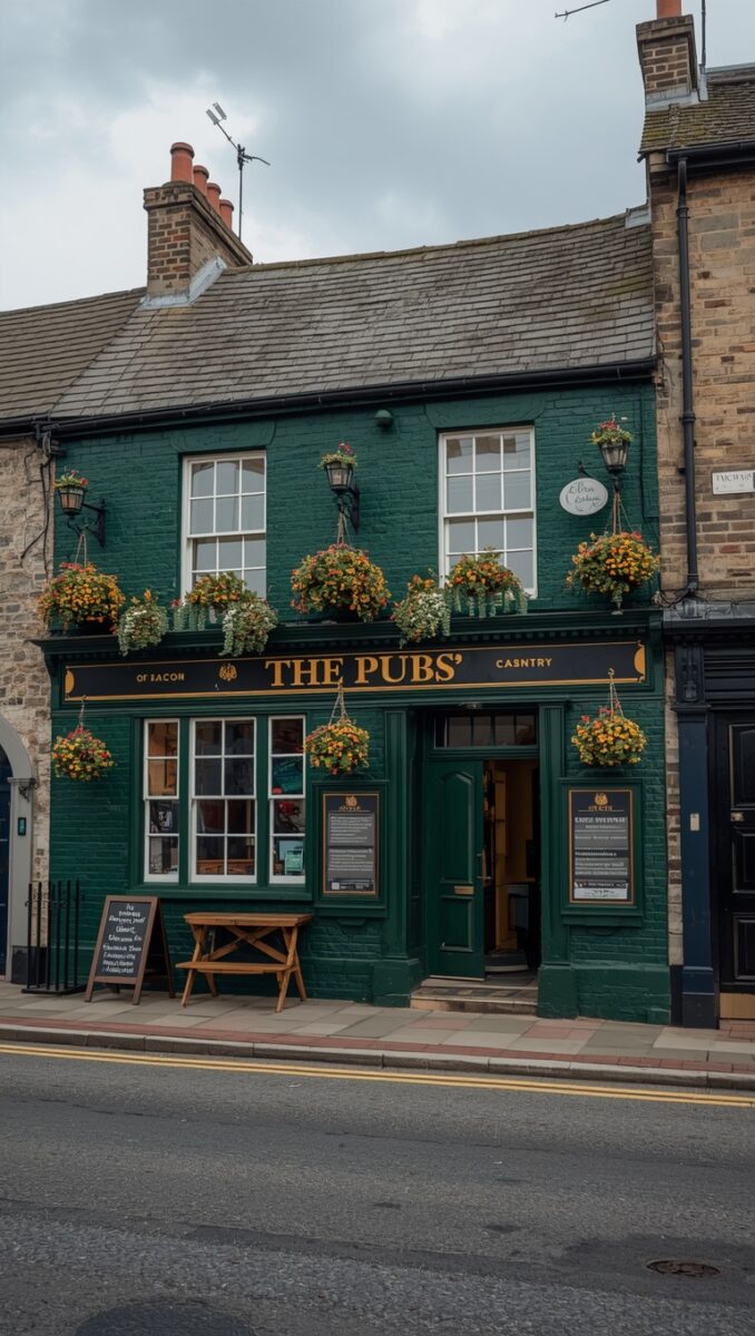 Traditional British pub with dark green painted brick facade, hanging flower baskets, and gold signage on a quiet street