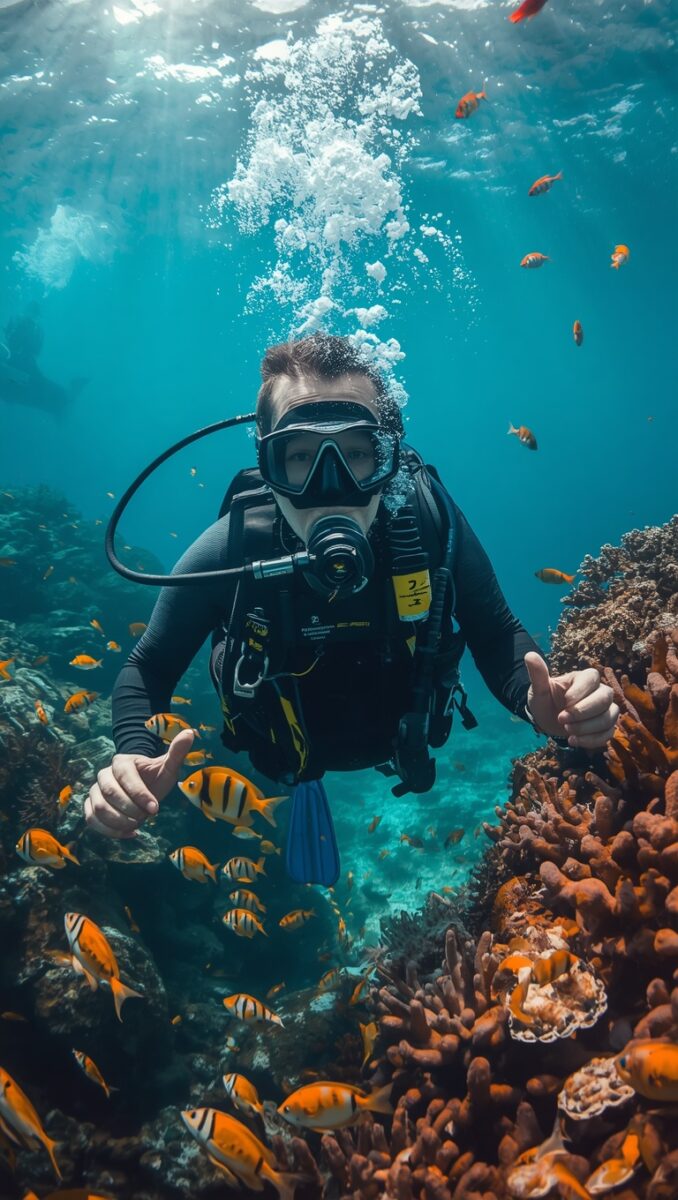 Scuba diver in black wetsuit giving thumbs up surrounded by orange tropical fish near coral reef