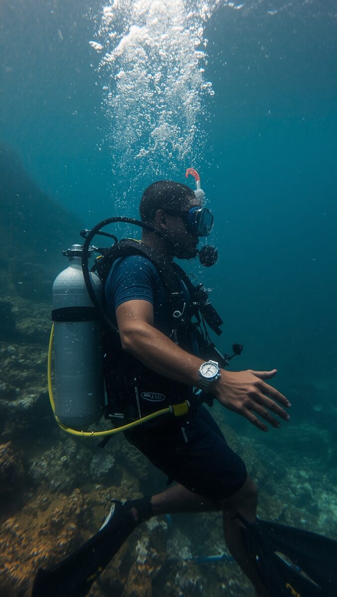 Scuba diver underwater wearing full diving gear with air tank, mask, and fins near rocky ocean floor