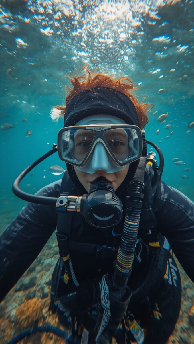 Scuba diver with red hair and black wetsuit taking underwater selfie with diving mask and regulator