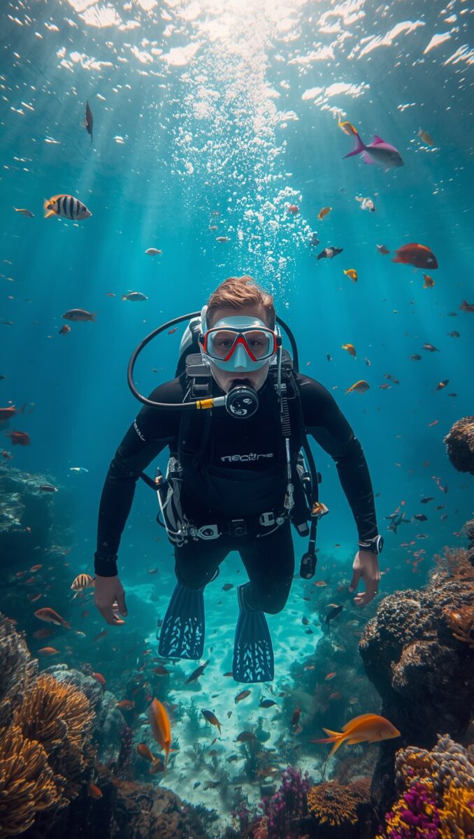 Scuba diver in black wetsuit and red-trimmed mask swimming among colorful tropical fish over coral reef