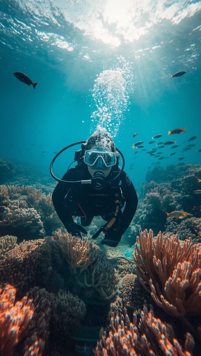 Scuba diver in black wetsuit exploring vibrant coral reef with tropical fish in clear blue ocean