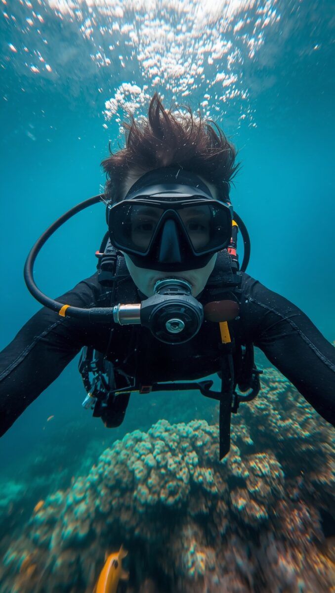 Scuba diver in black wetsuit and diving mask swimming above coral reef in clear blue ocean water