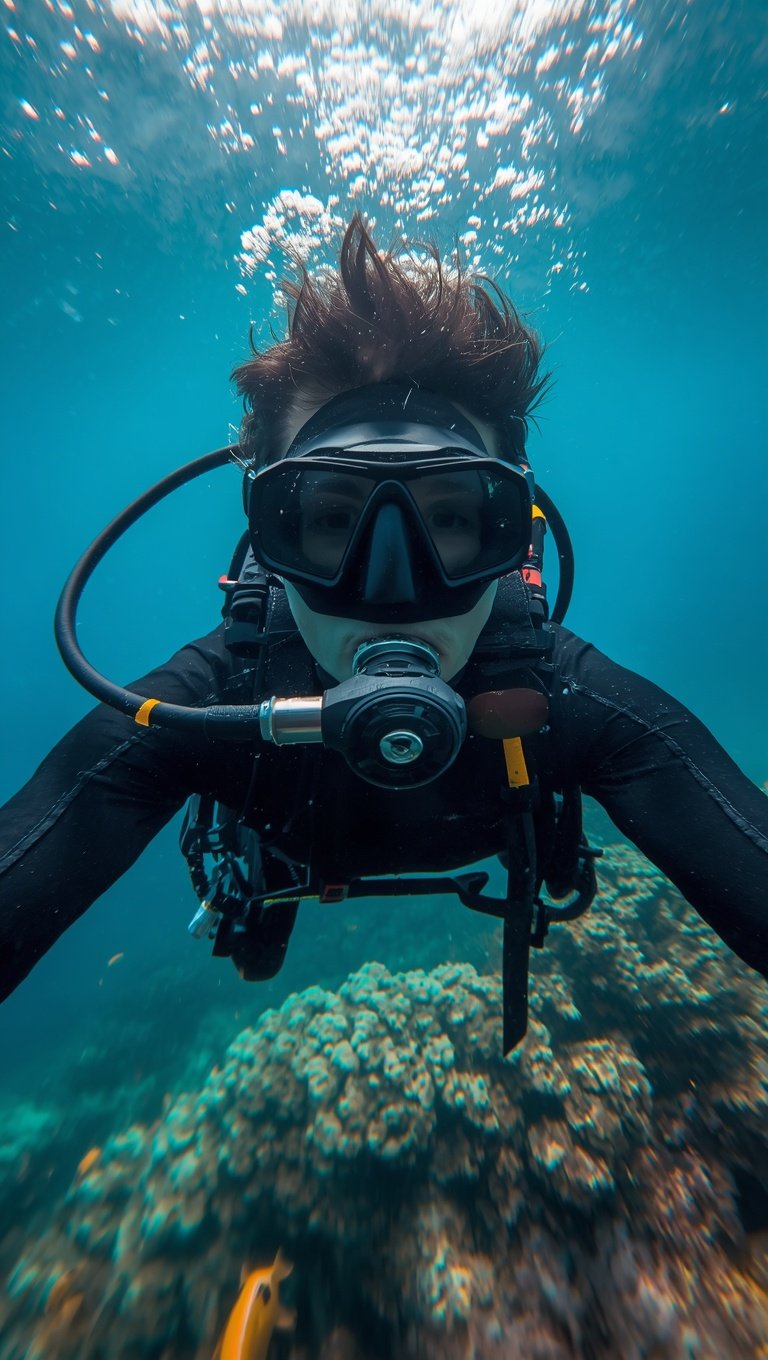 Scuba diver in black wetsuit and diving mask swimming above coral reef in clear blue ocean water