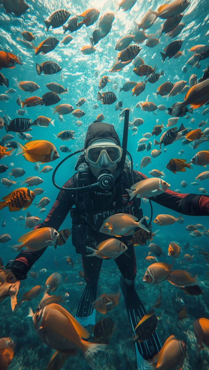 Scuba diver in black wetsuit surrounded by hundreds of colorful tropical fish in clear blue ocean water
