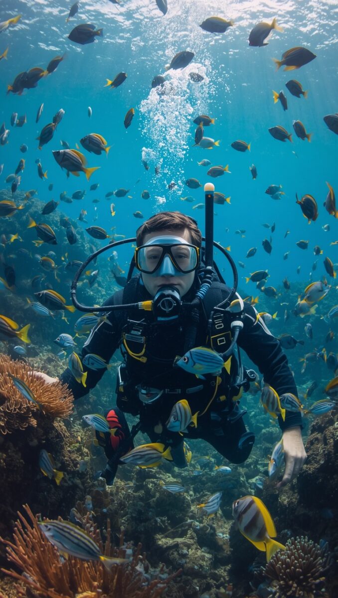 Scuba diver in black wetsuit surrounded by colorful tropical fish over a vibrant coral reef in clear blue water