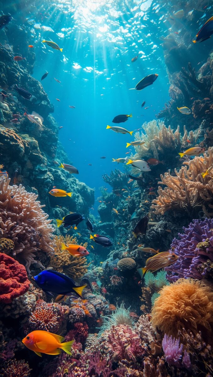 Vibrant coral reef teeming with colorful tropical fish including blue tang and orange clownfish, with sunbeams piercing clear blue ocean water