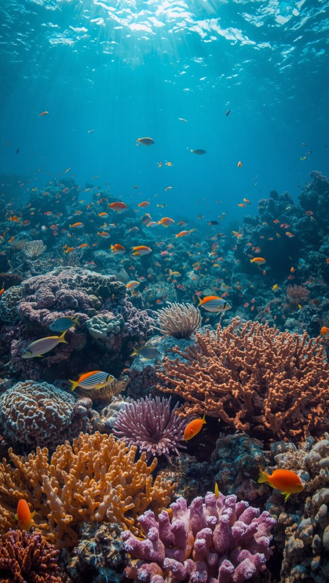 Vibrant coral reef underwater with colorful tropical fish swimming above orange, pink, and purple corals in blue ocean
