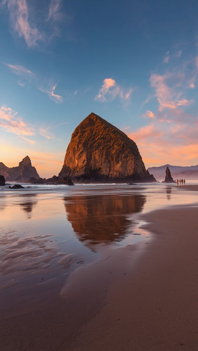 Haystack Rock at Cannon Beach Oregon reflected in wet sand during golden hour sunset with colorful sky