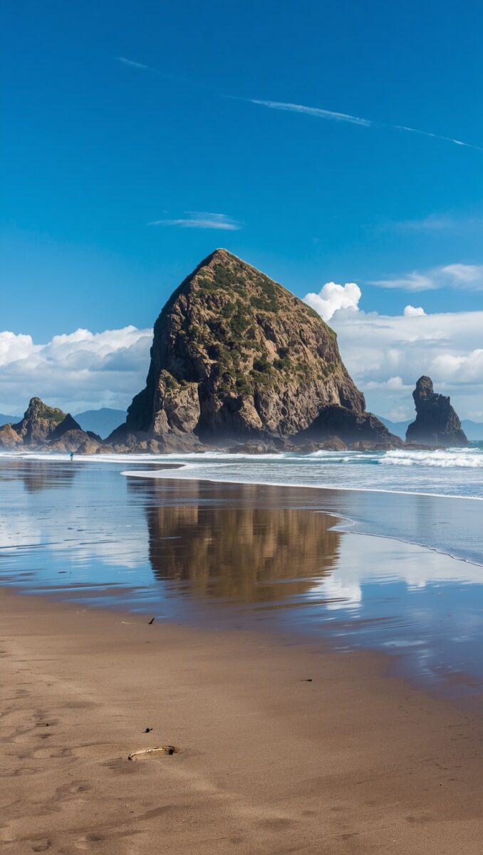 Haystack Rock reflected in wet sand at Cannon Beach, Oregon under a vivid blue sky with white clouds