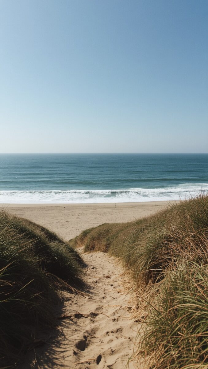 Sandy path through grass-covered dunes leading to a calm ocean beach under a clear blue sky