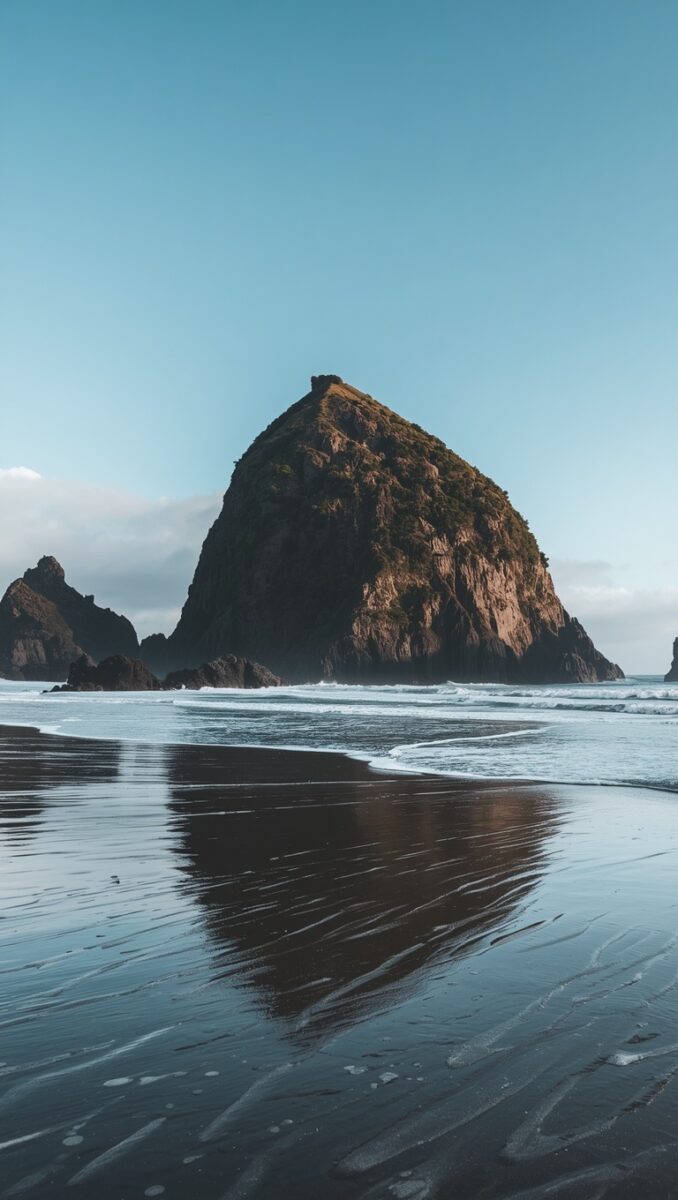 Haystack Rock at Cannon Beach Oregon reflected in wet dark sand with calm ocean waves and clear blue sky