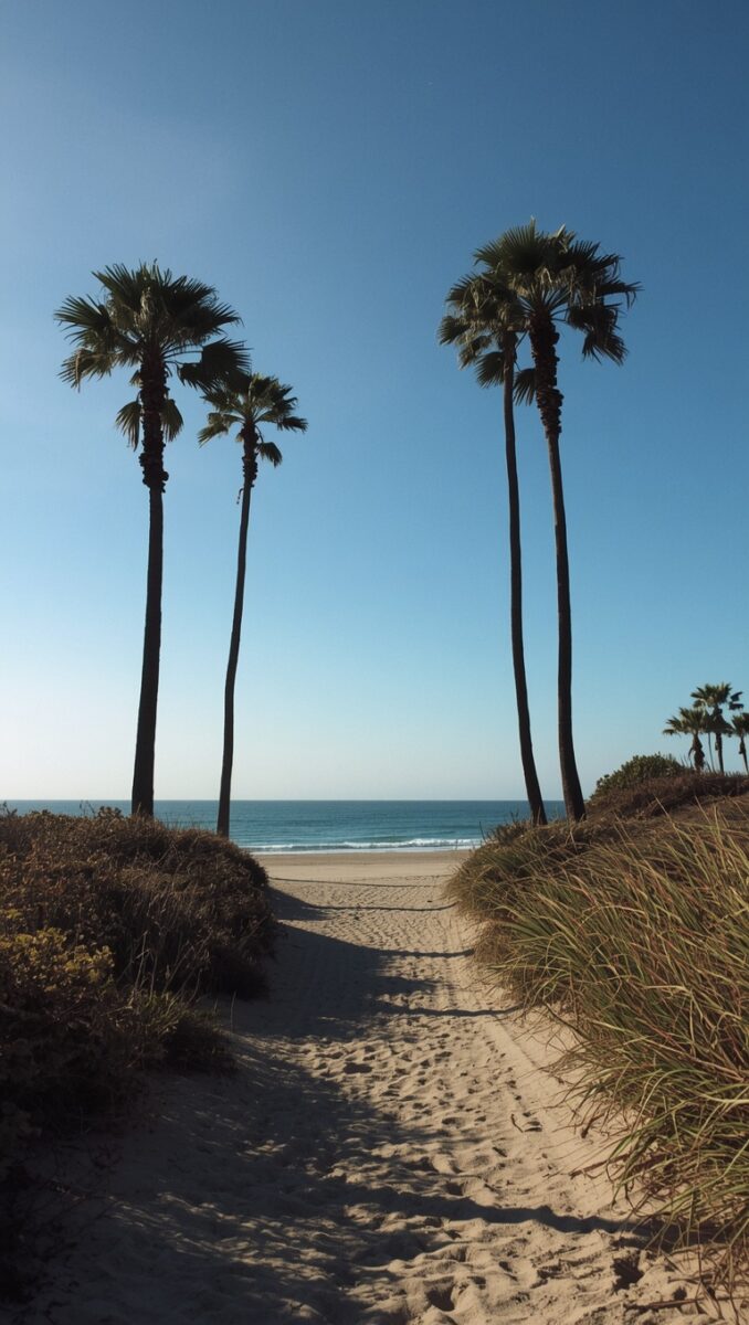 Sandy beach path flanked by tall palm trees leading to a calm ocean under a clear blue sky