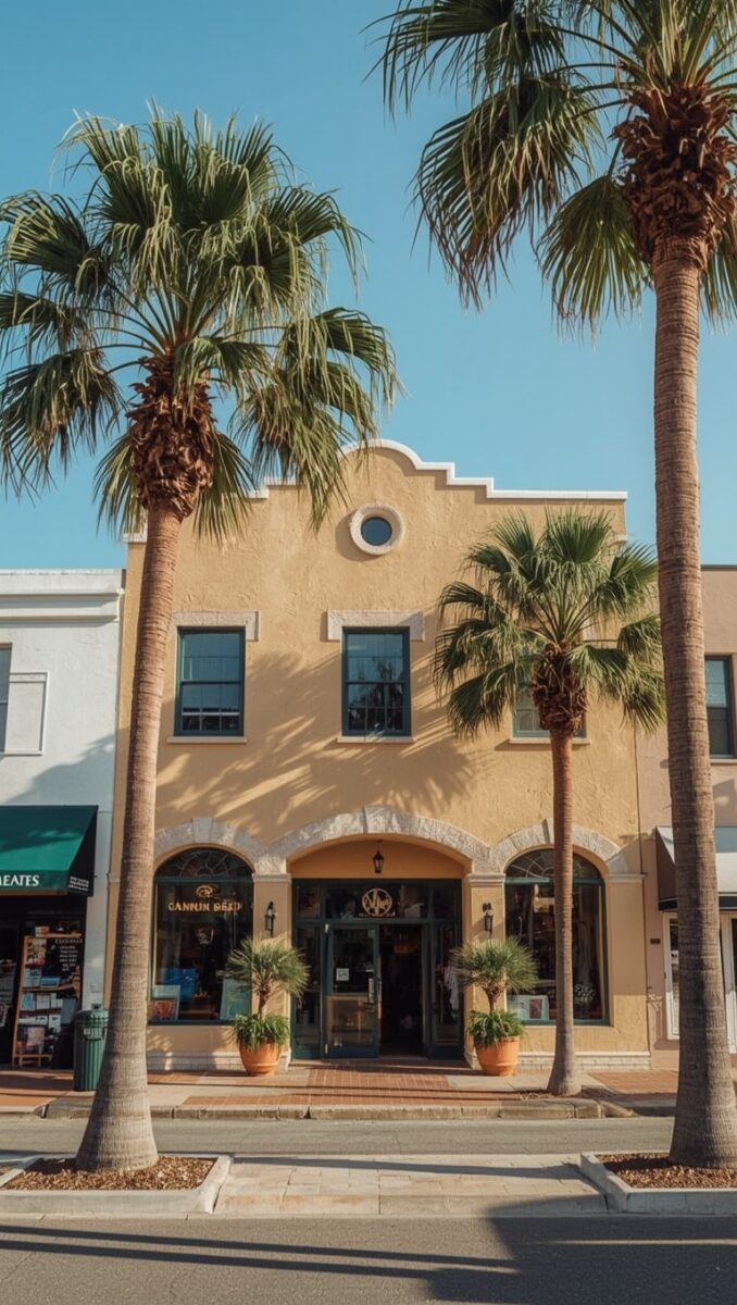 Yellow Mediterranean-style two-story building with arched entrance flanked by tall palm trees on a sunny downtown street