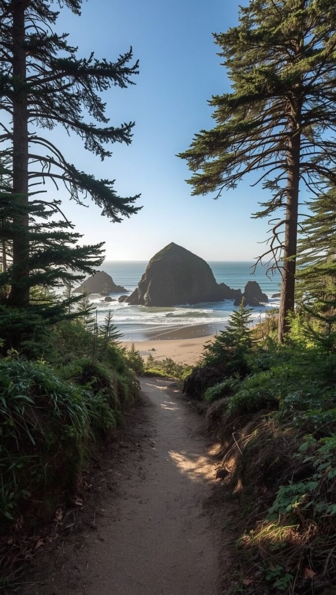 Dirt trail through evergreen trees leading to sandy beach with large Haystack Rock formation and ocean beyond