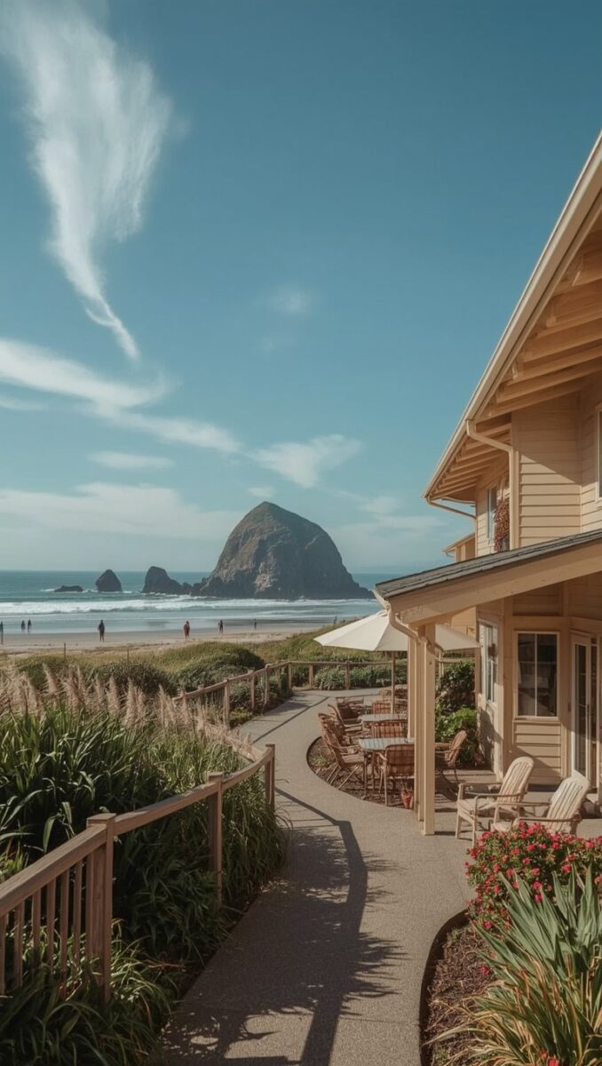 Beachfront inn patio with Adirondack chairs and umbrella overlooking Haystack Rock at Cannon Beach Oregon