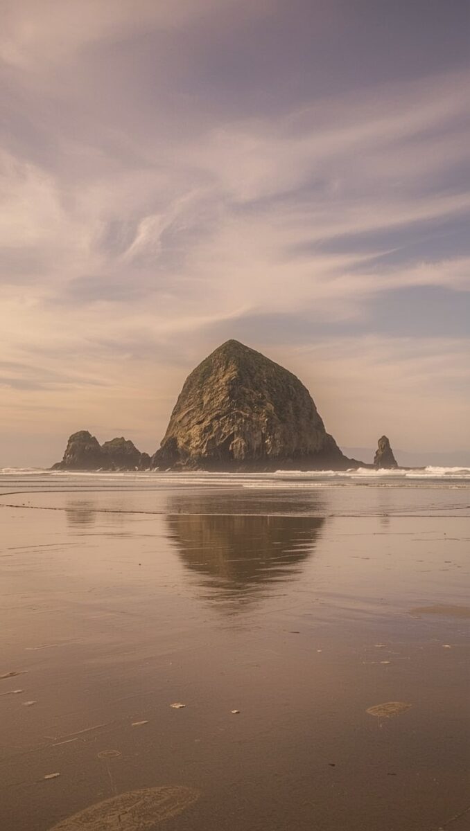 Haystack Rock at Cannon Beach Oregon reflected in wet sand under a soft cloudy sky at low tide