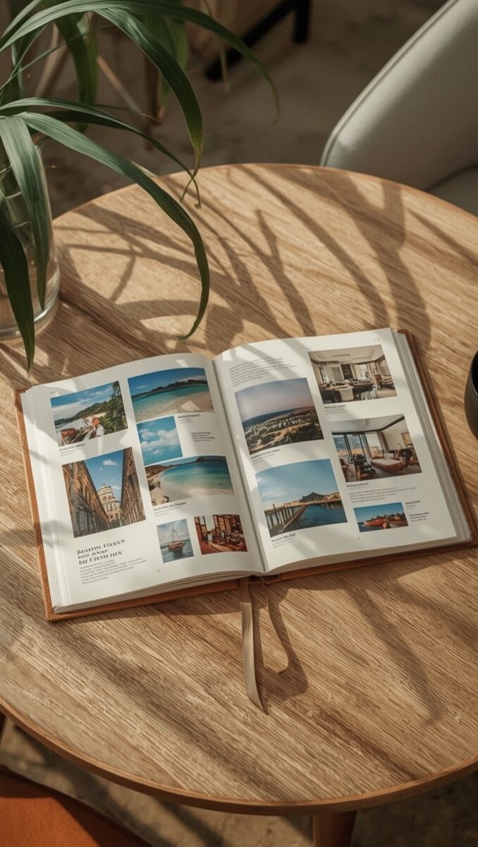 Open travel magazine with beach and hotel photos on a sunlit wooden round table with plant shadows