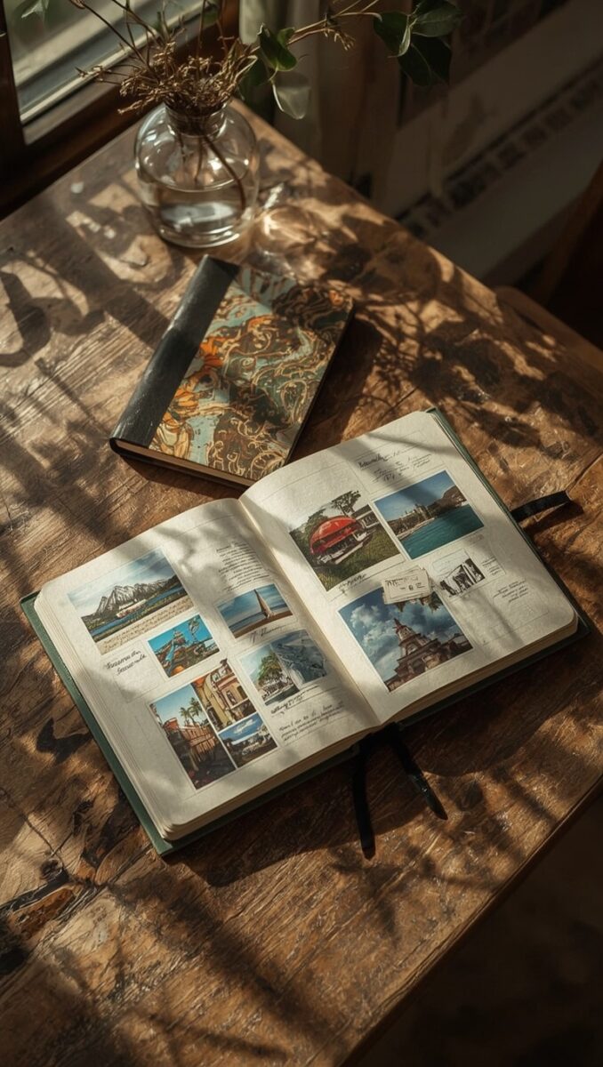 Open travel journal with photo collages and handwritten notes on a rustic wooden table near a sunlit window
