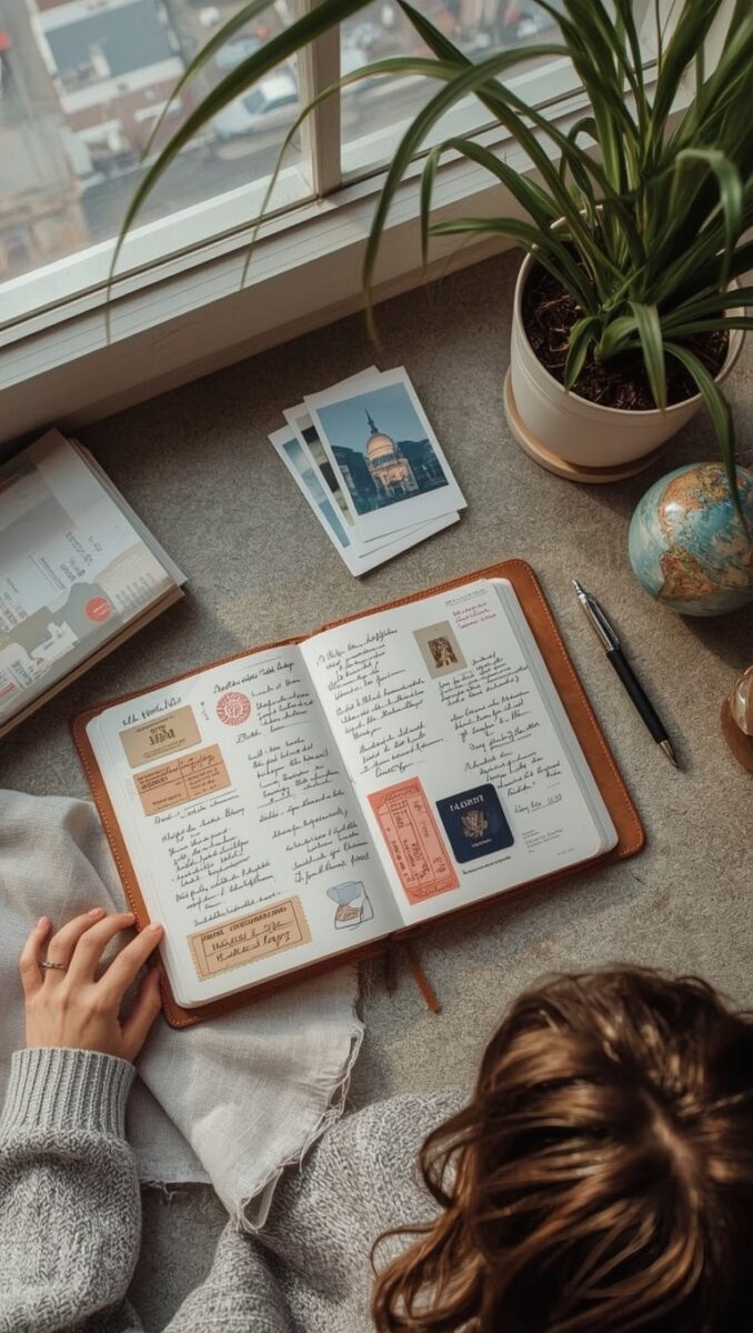 Woman reviewing open travel journal with handwritten notes, ticket stubs, and Polaroid photos on a desk with globe and plant