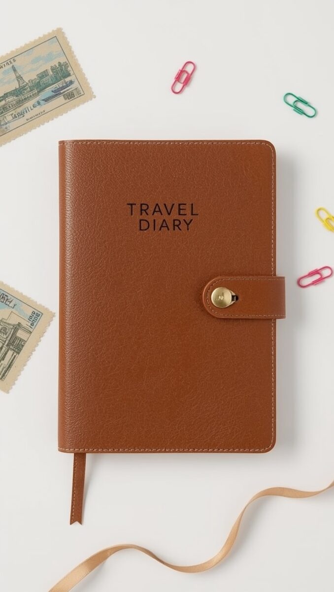 Brown leather travel diary journal with gold clasp closure, surrounded by colorful paperclips and vintage postage stamps