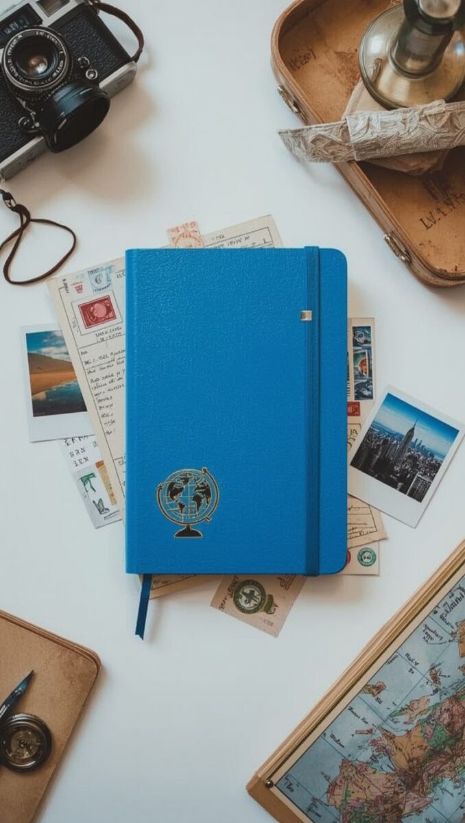 Blue leather travel journal with globe emblem surrounded by postcards, polaroid photos, stamps, vintage camera, and map on white surface