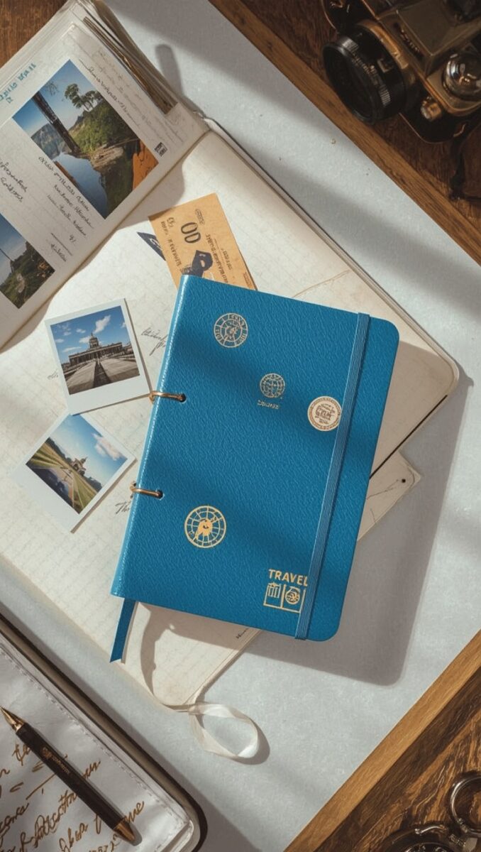 Blue leather travel journal with gold stamp icons on a scrapbook with polaroid photos, a vintage camera, and a pen on a wooden desk