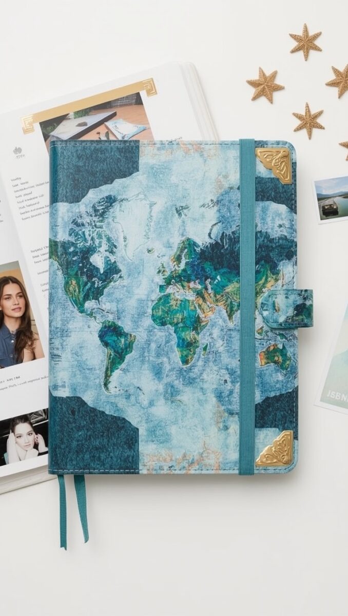 Teal world map journal with gold corner accents, elastic band closure, and ribbon bookmarks surrounded by starfish