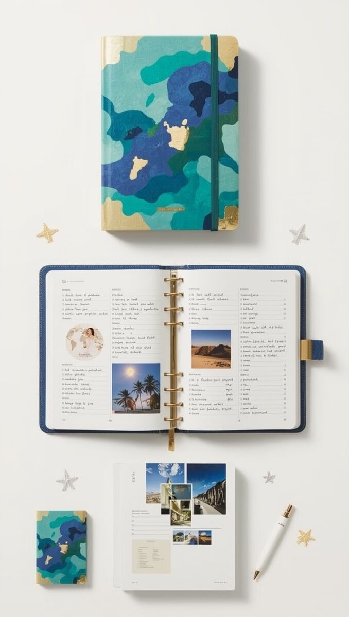 Travel journal with blue teal gold world map cover, open planner with handwritten lists and travel photos, pen nearby