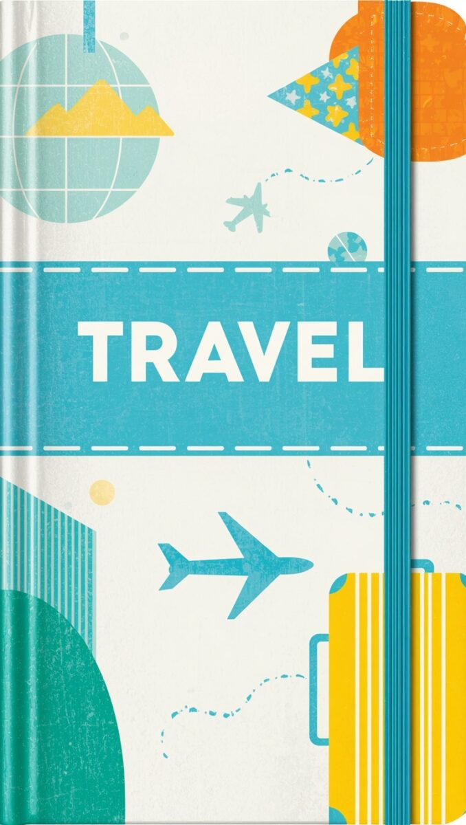 Colorful travel journal with teal elastic band featuring airplane, globe, and suitcase illustrations