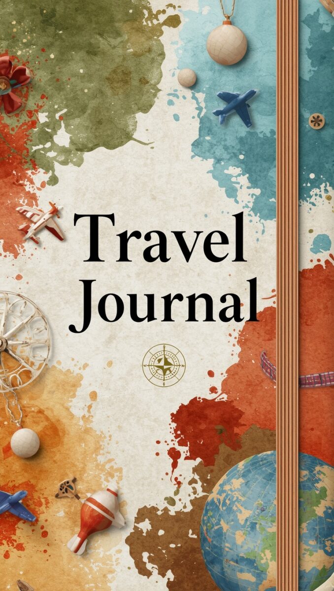Colorful travel journal cover with watercolor splatters, toy airplanes, globes, and compass rose design