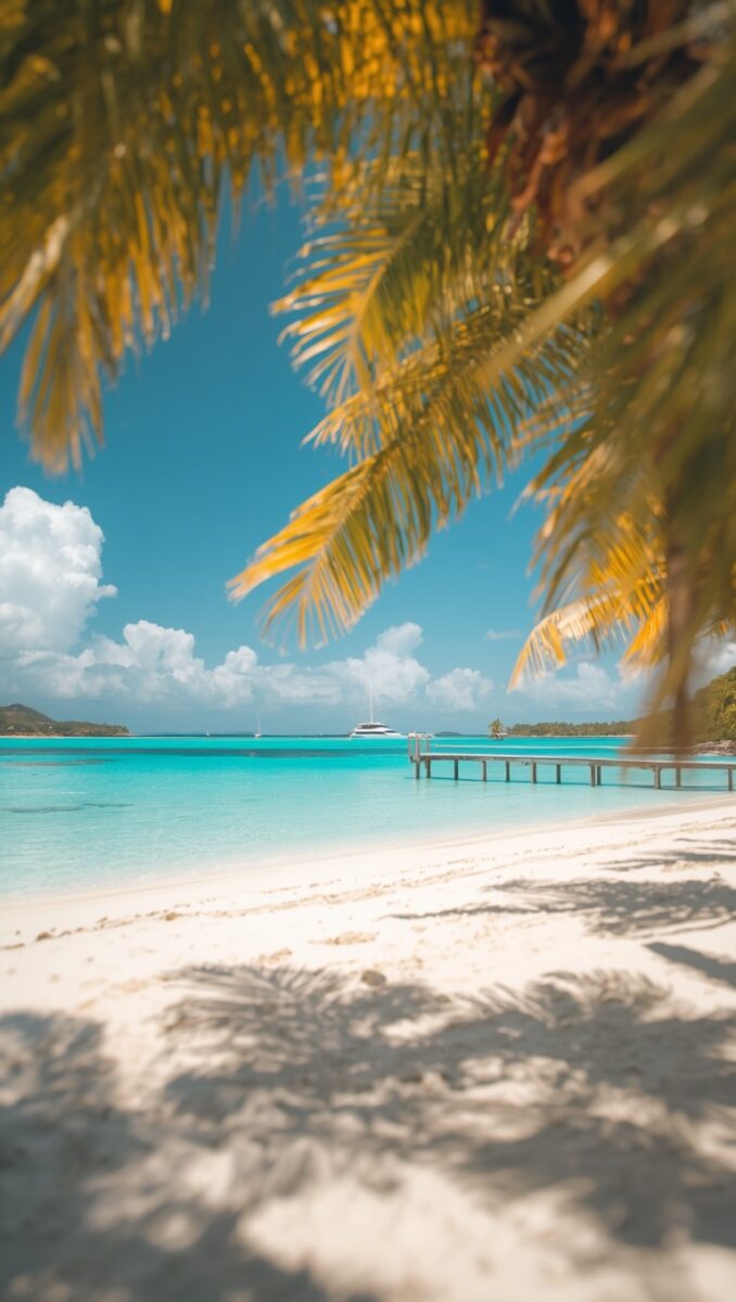 Tropical white sand beach with turquoise water, palm tree fronds, wooden pier, and anchored yacht under blue sky