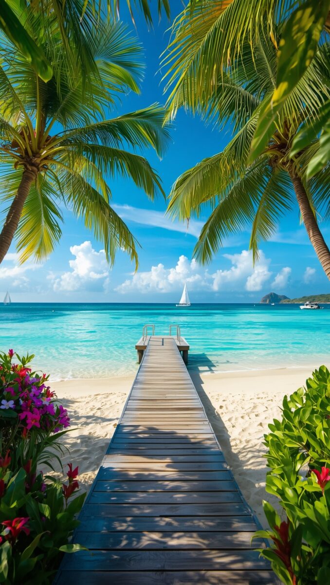 Wooden boardwalk leading to turquoise Caribbean beach with palm trees, white sailboat, and tropical flowers
