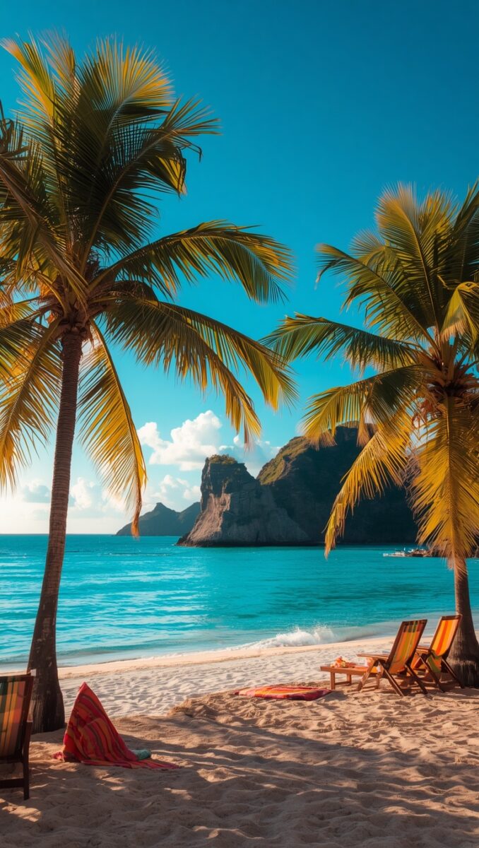 Tropical beach with palm trees, turquoise water, lounge chairs, and dramatic rocky cliffs in the background