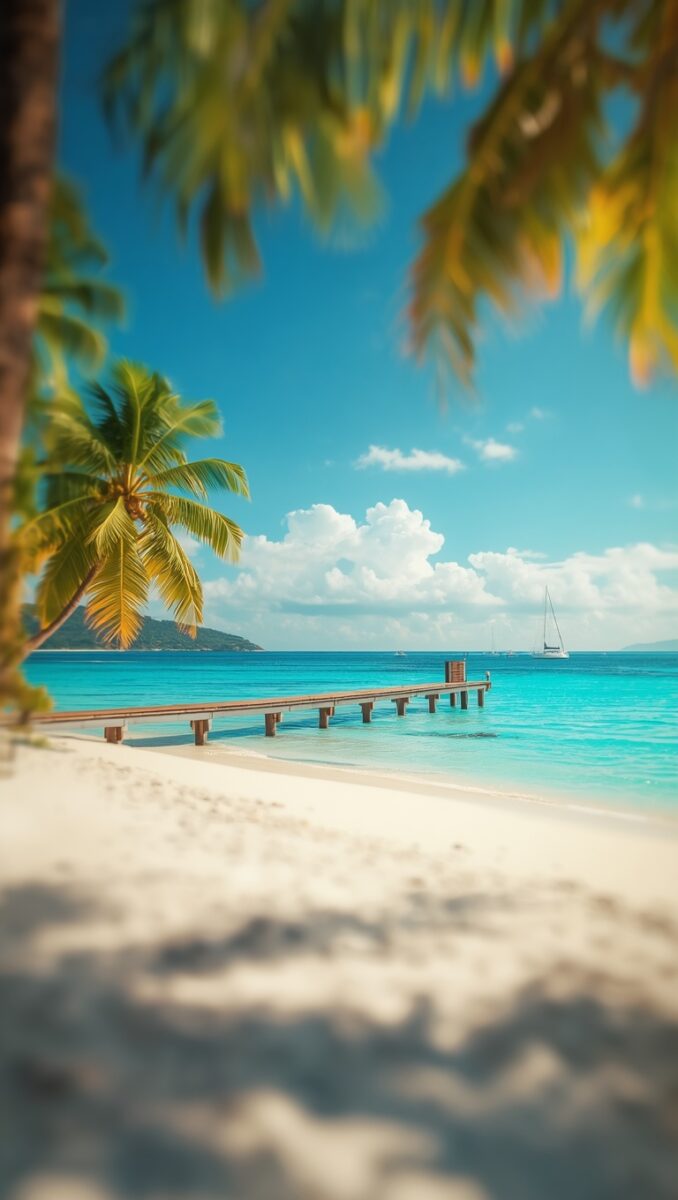 Tropical white sand beach with wooden pier, turquoise ocean, palm trees, and sailboat under blue sky