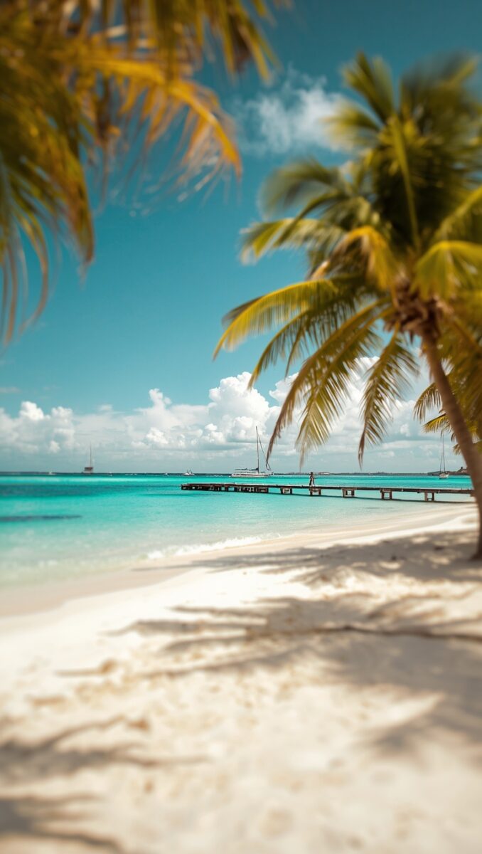 Tropical white sand beach with palm trees, turquoise water, wooden pier, and sailboats under a blue sky
