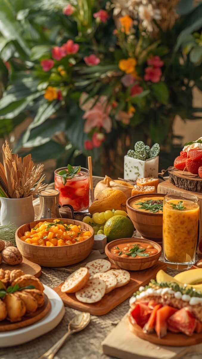 Colorful tropical food spread with wooden bowls of fruit salad, soups, crackers, fresh fruits, and vibrant drinks on a styled table