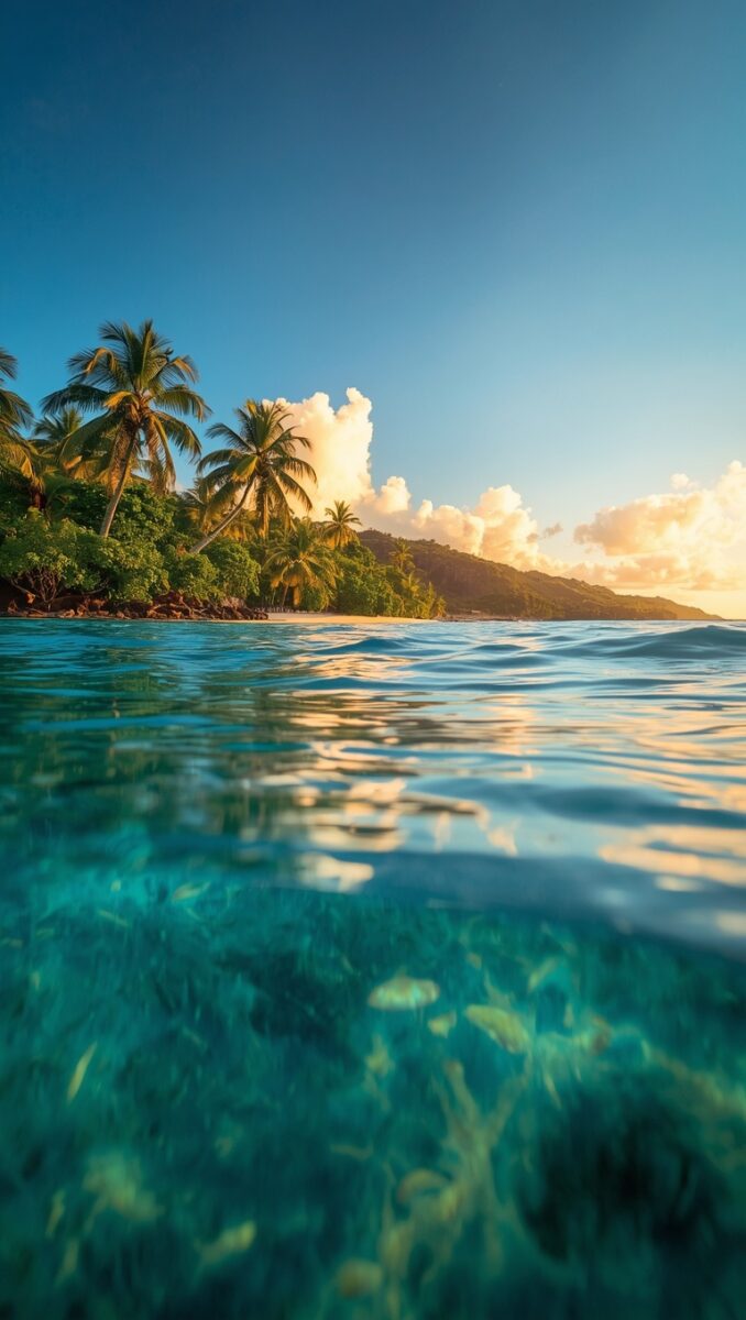 Split-level view of crystal-clear turquoise tropical ocean water with palm tree island and golden sunset sky