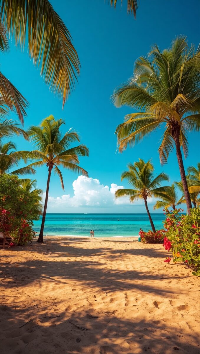 Tropical beach with tall palm trees, golden sand, turquoise ocean, red flowers, and clear blue sky