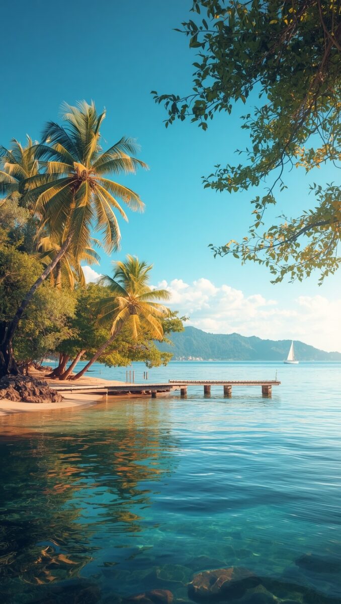 Tropical beach with palm trees, wooden dock, crystal-clear turquoise water, and sailboat in background