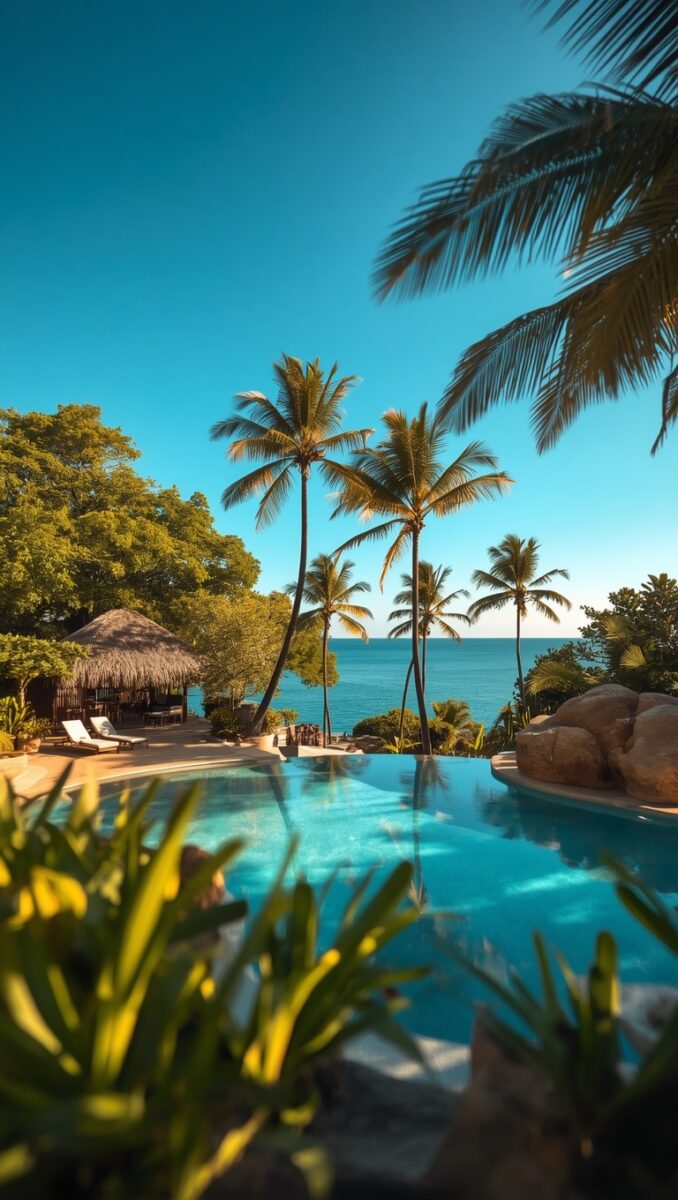 Luxury infinity pool surrounded by palm trees with ocean view and thatched-roof cabana at tropical resort