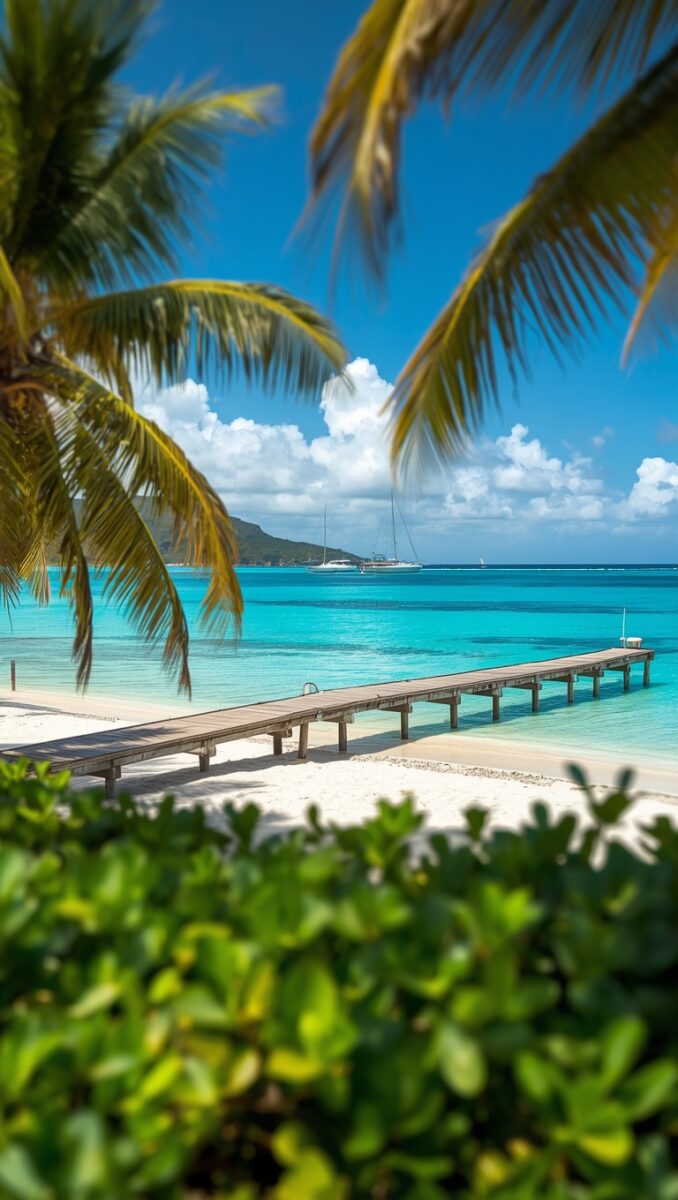 Wooden pier extending into turquoise Caribbean waters with palm trees, white sand beach, and sailboats in background