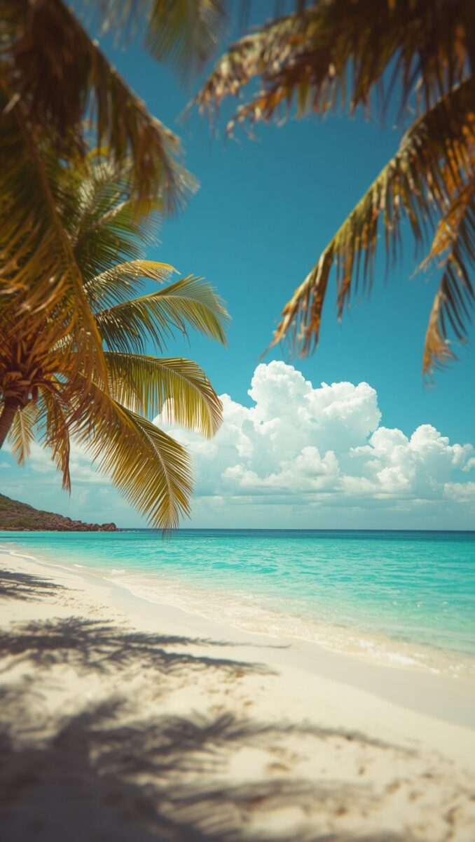 Tropical white sand beach with palm trees framing turquoise ocean water under a bright blue sky