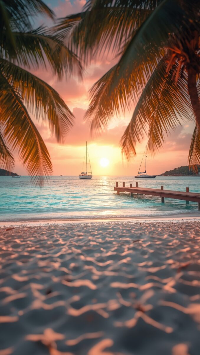 Tropical beach sunset with palm trees, turquoise water, two sailboats, and a wooden pier on white sand